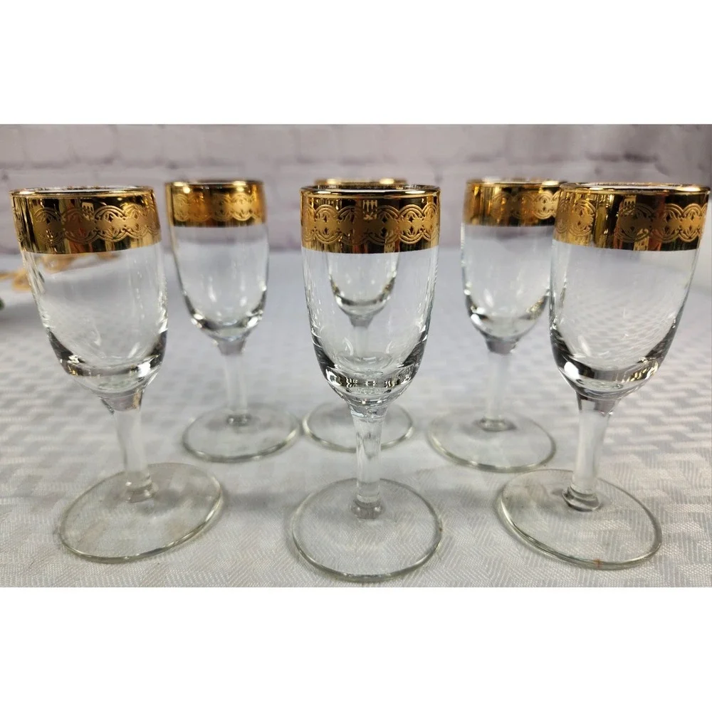 Elegant Set MCM Moroccan Cordial Glasses 22Kt gold-banded Turquoise Teal Inside
